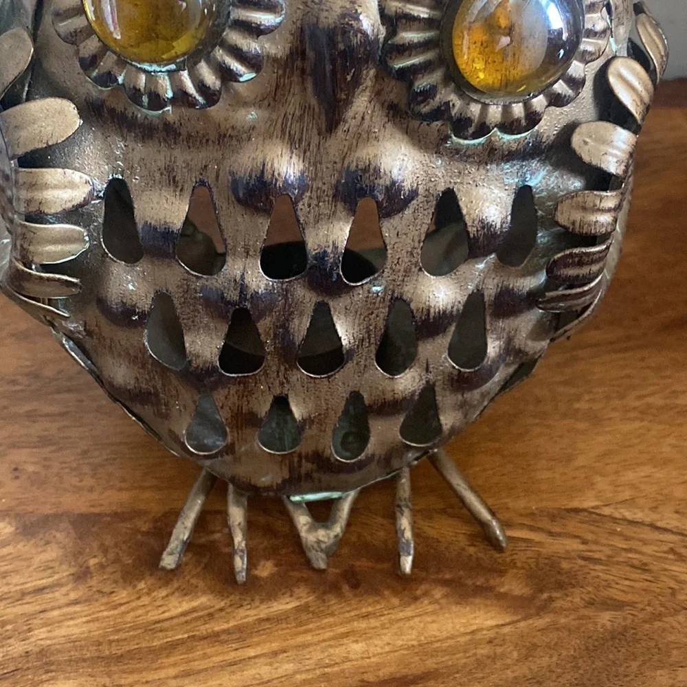 Vintage Pier 1 Rustic Gold Bronze Owl Tealight Candle Holder 7”